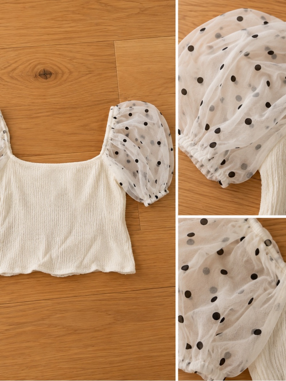 Handmade Ivory Crop Top with Sheer Polka Dot Puff Sleeves | XS/S